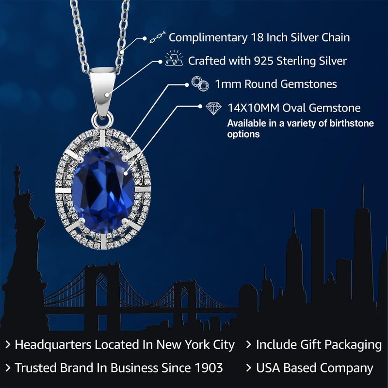 Gem Stone King 5-10 Cttw Two Row Halo Pendant Necklace for Women | 925 Sterling Silver | 14X10MM Oval Gemstone Birthstone | With 18 Inch Silver Chain | Fine Jewelry Gifts for Her Mom Women Wife - Image 2